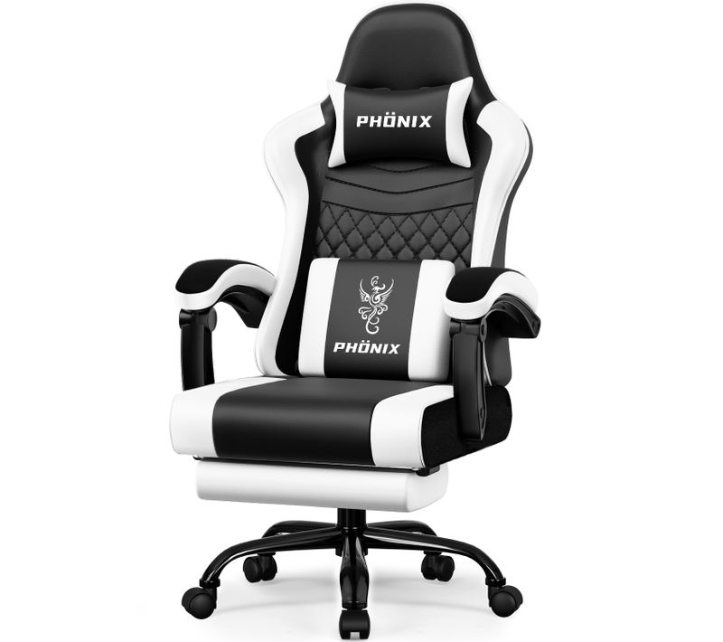Chaise Gaming, Fauteuil Gaming Inclinable 90-165°, Repose-pieds Extensible, Noir/blanc