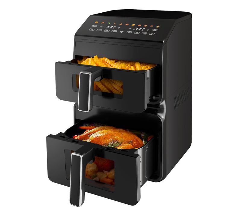 Friteuse à Air Chaud 11 L, Double Paniers Verticaux, Fenêtre Visible, 11 En 1 Multifonction.