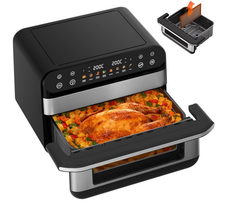 Friteuse à Air 10l Dual Easy Fry Grill Friteuse Sans Huile Capacité XXL Air Fryer Argenté