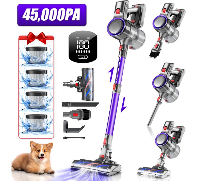 Aspirateur Balai Sans Fil 45kpa/1.6l/55mins D'autonomie,écran LED, 2 Vitesses,  Anti-emmêlement