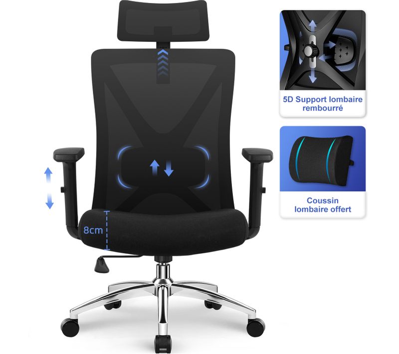 Fauteuil De Bureau Ergonomique, Chaise De Bureau Avec Support Lombaire 5d