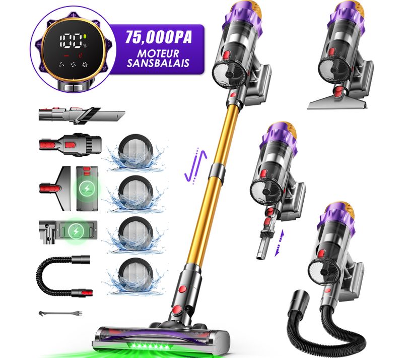 Aspirateur Balai Sans Fil 75kpa 70 Min D’autonomie, Écran Tactile, 3 Modes Réglables, Lumière Verte