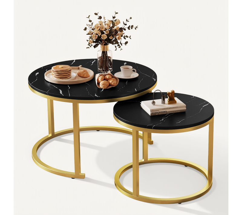 Table Basse, Lot De 2 Tables Basses Rondes Gigognes, 3 Modes De Disposition, Pieds En Métal, Noir