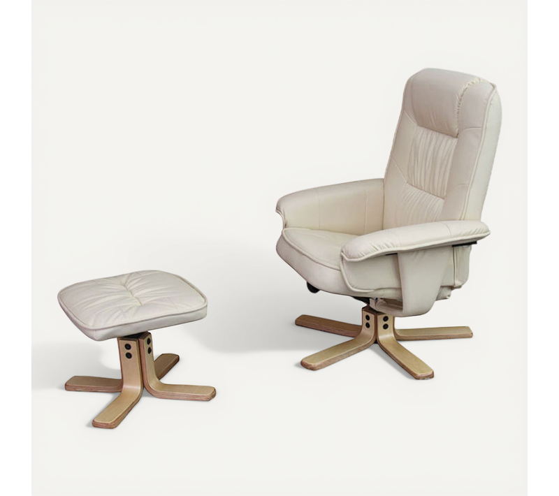 Fauteuil Relax /de Relaxation M56 Avec Pouf, Simili-cuir ~ Crème