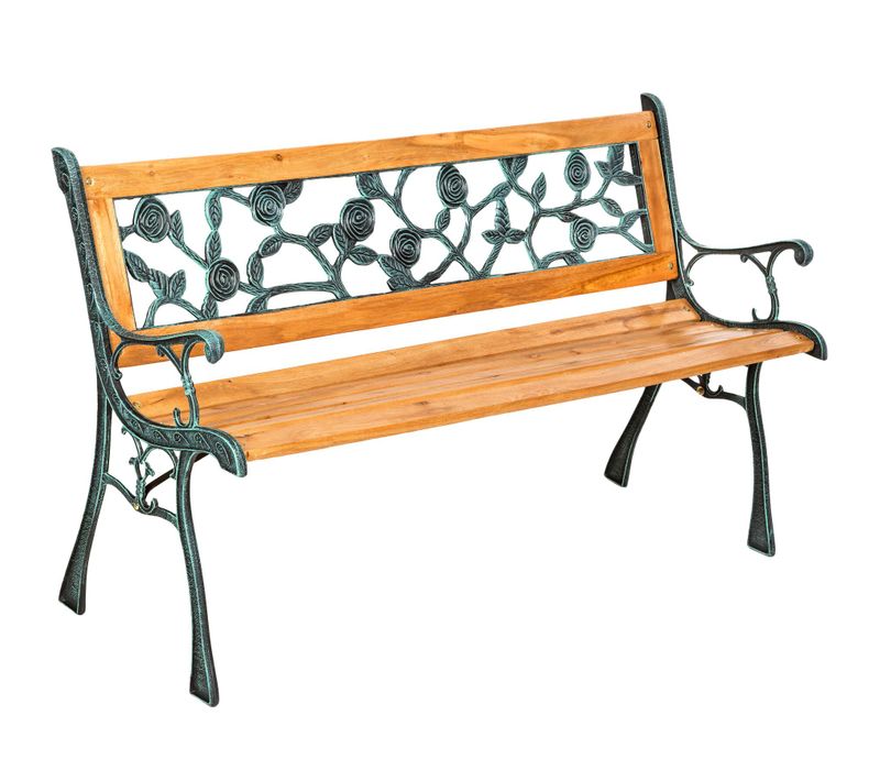 Banc Jardin 2 Places Bois Naturel Marron Laqué Et Fonte 124x52x74 Cm