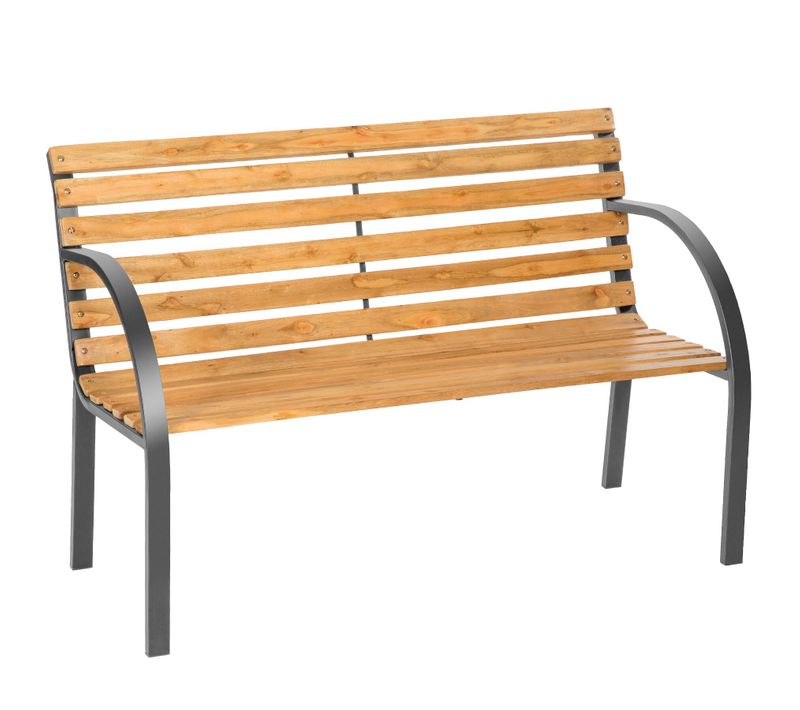 Banc Jardin 2 Places Bois Naturel Marron Laqué, Fonte 119,5x 62x 83 Cm
