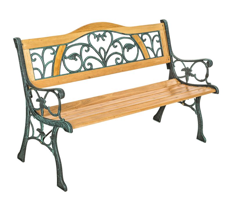 Banc De Jardin 2 Places En Bois Naturel Laqué Et Fonte 124x60x83 Cm