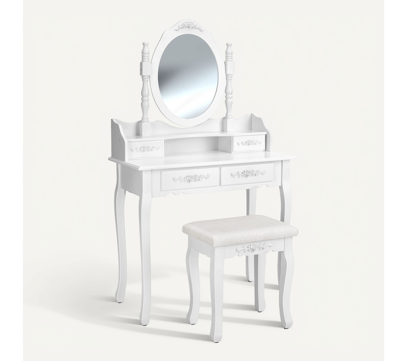 Coiffeuse Avec Miroir 4 Tiroirs Et Tabouret Inclus