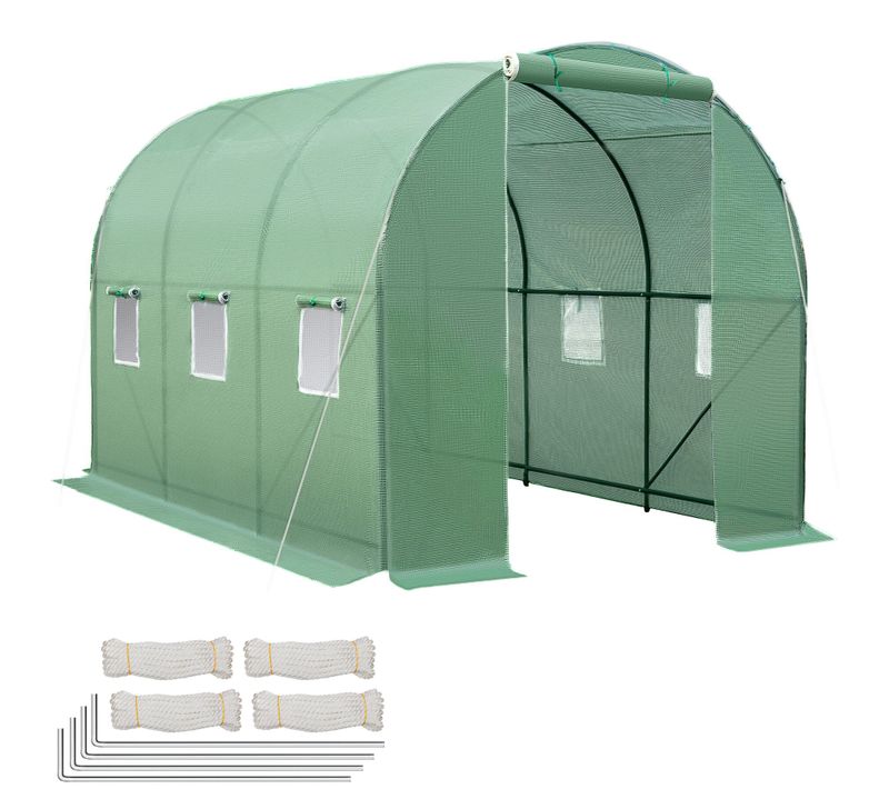 Serre Tunnel 7 M² En Plastique Vert Avec 6 Fenêtres 343x200x200cm