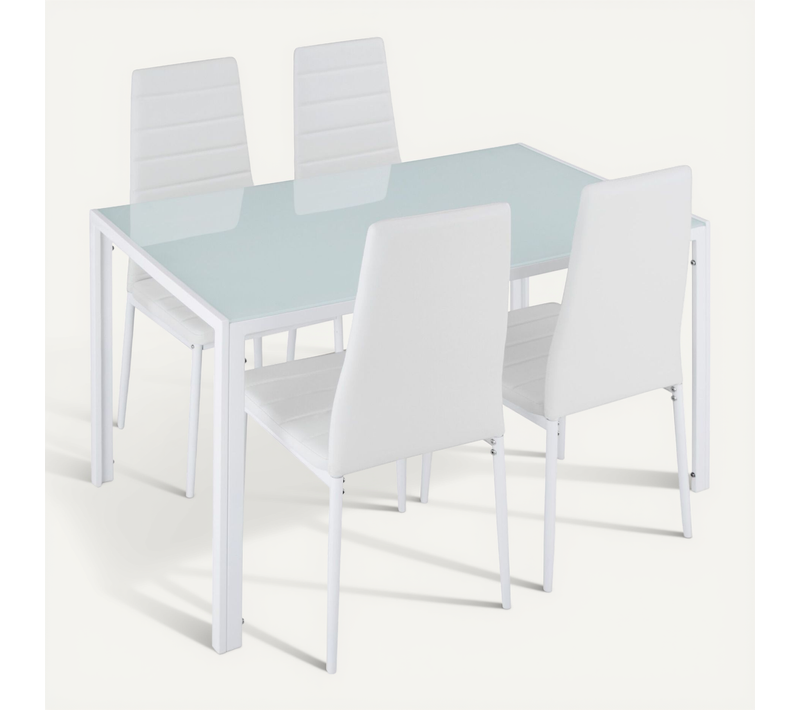 Ensemble Table Et 4 Chaises Salle À Manger Blanc En Acier Plateau Verre 120x70x75cm Confort élevé
