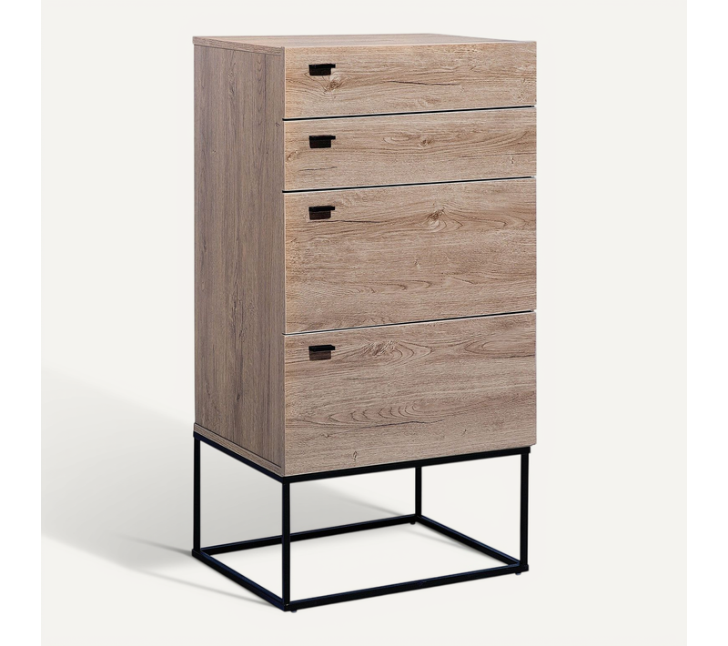 Commode Effet Bois Clair / Noir 4 Tiroirs Acra