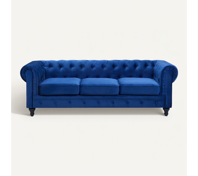 Canapé 3 Places En Velours Bleu Cobalt Chesterfield