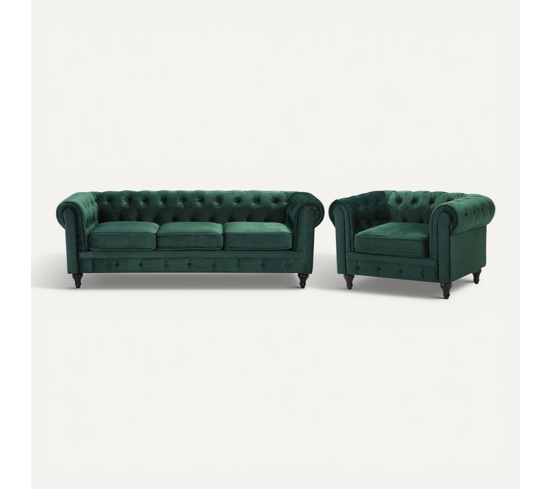 Ensemble De Salon 4 Places Chesterfield Velours Vert émeraude
