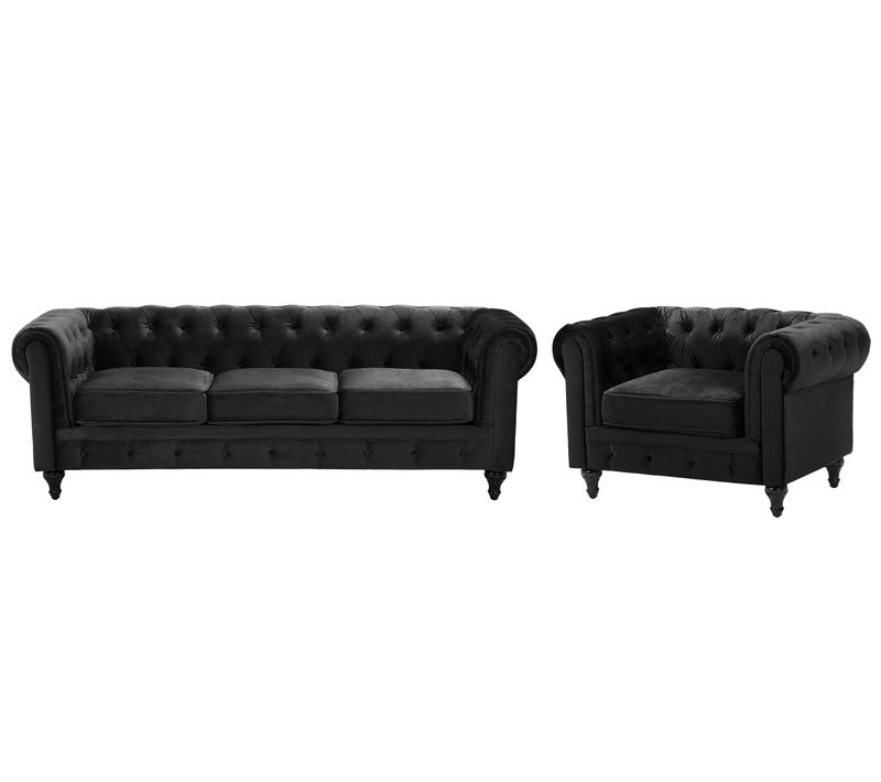 Ensemble Canapé Et Fauteuil En Velours Noir 4 Places Chesterfield