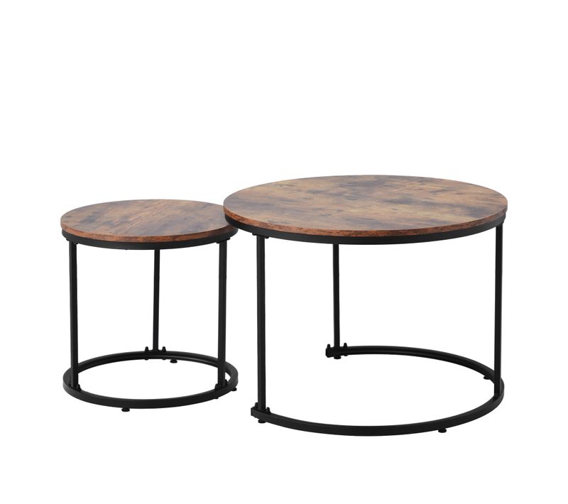 Ensemble De 2 Tables Basses Rondes Avec Cadre En Métal Et Plateau En Panneaux Placage Marbre Marron