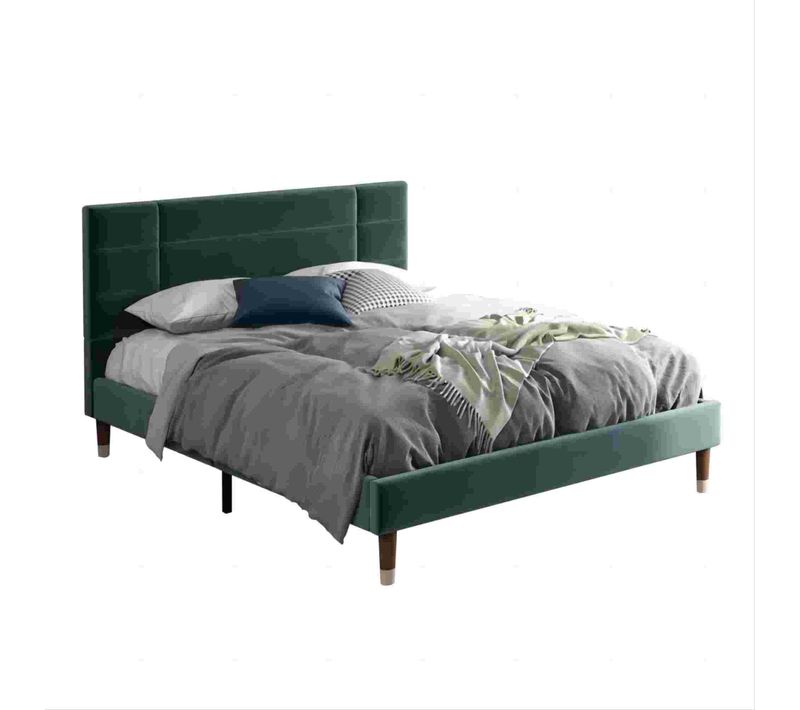 Lit Adulte Avec Tête De Lit En Velours Vert Bouteille -sommier à Lattes 140x200 Cm