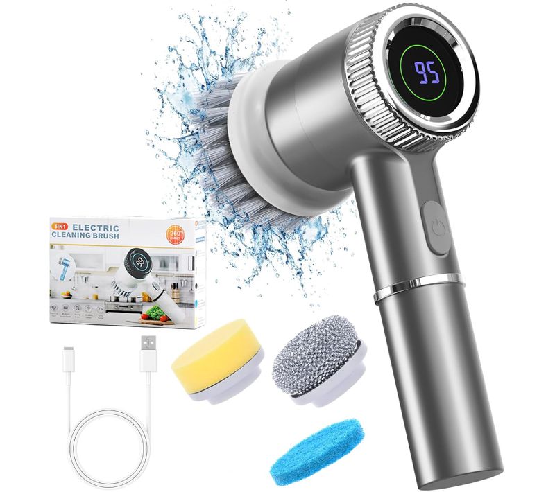 Brosse Nettoyante Électrique, Rotation à 360°, Équipée De 5 Embouts Interchangeables, Gris