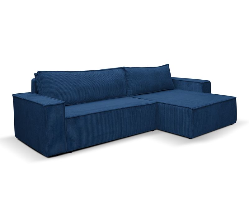 Canapé D'angle Hugo XL Avec Fonction Couchage Et Coffre De Rangement Bleu Tissu Cordé