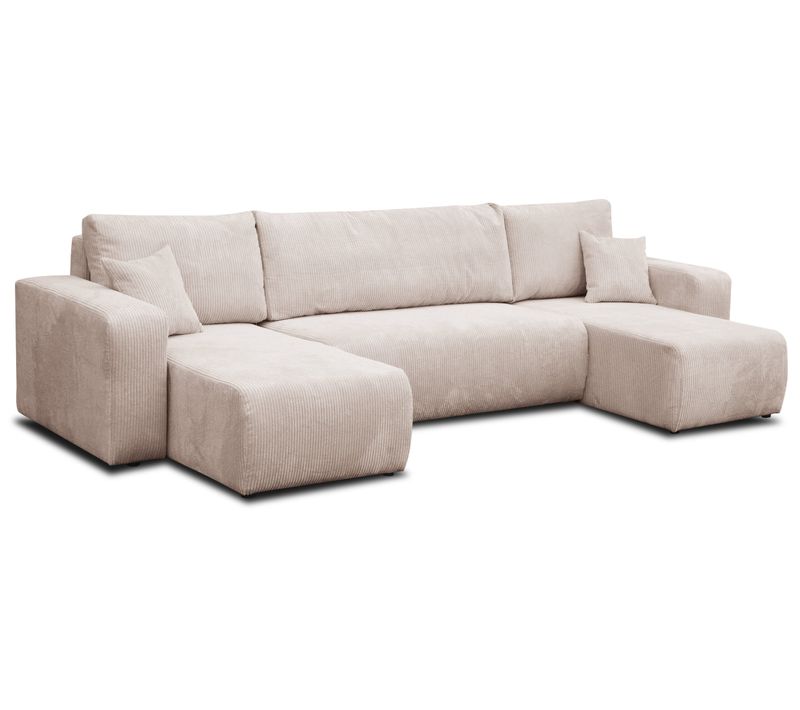 Luna Canapé En U Avec Fonction Couchage Et Coffre De Rangement, Beige, Tissu Cordé