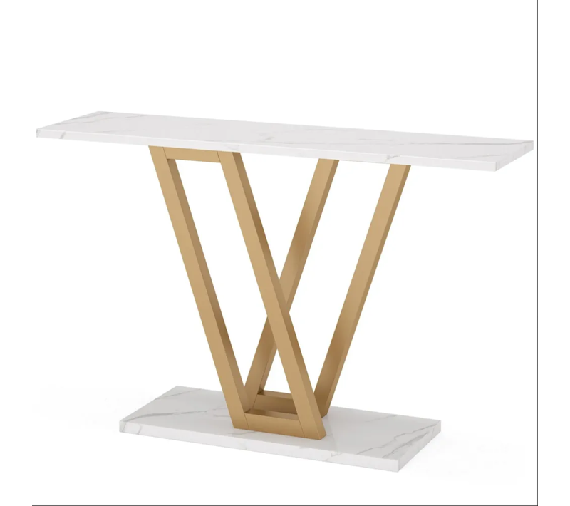 Table Console 110x30x80 Cm Avec Plateau En Bois, Cadre En Métal, Pour Entrée Et Salon, Blanc Et Or