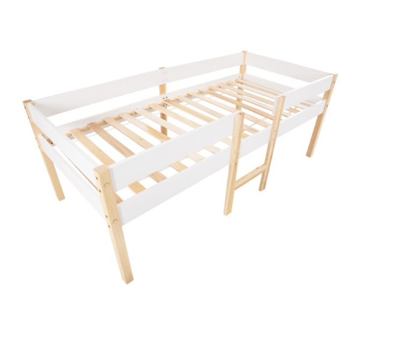 Lit Mi-haut Enfant 90x190 Cm Avec Protection Antichute Et Échelle, Bois Massif + Mdf, Blanc