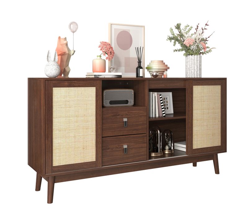 Buffet Salon Avec 3 Portes Coulissantes En Rotin Véritable Et 2 Tiroirs, Meuble De Rangement, Noyer