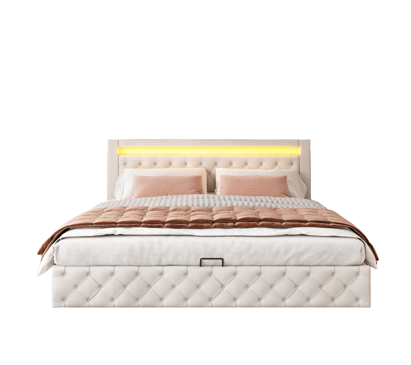 Lit Coffre Lit Double Rembourré 180x200 Cm Avec LED Et Sommier à Lattes, Pu, Blanc