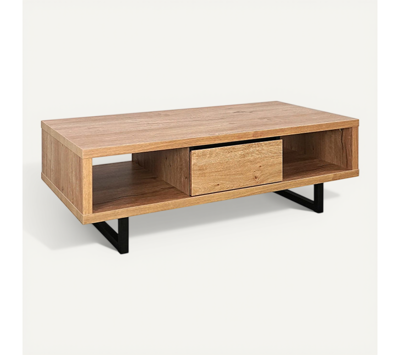 Table Basse 2 Niches 1 Tiroir Pieds Métal Sully