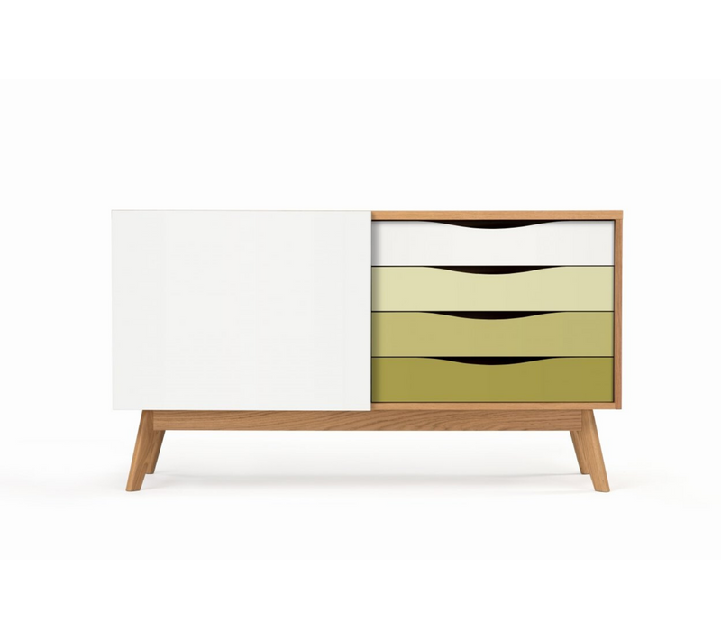 Buffet Bas Scandinave En Bois 4 Tiroirs Colorées 1 Porte Coulissante - Avalon