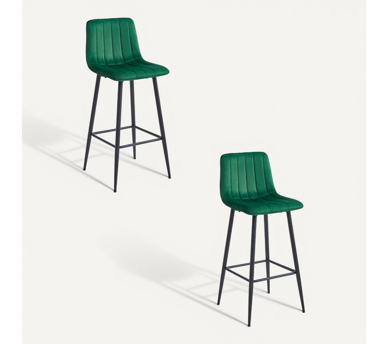 Tabouret De Bar Lot De 2 Pozza Siège Vert Foncé, Base Noire, Siège En Velours, Siège Ergonomique