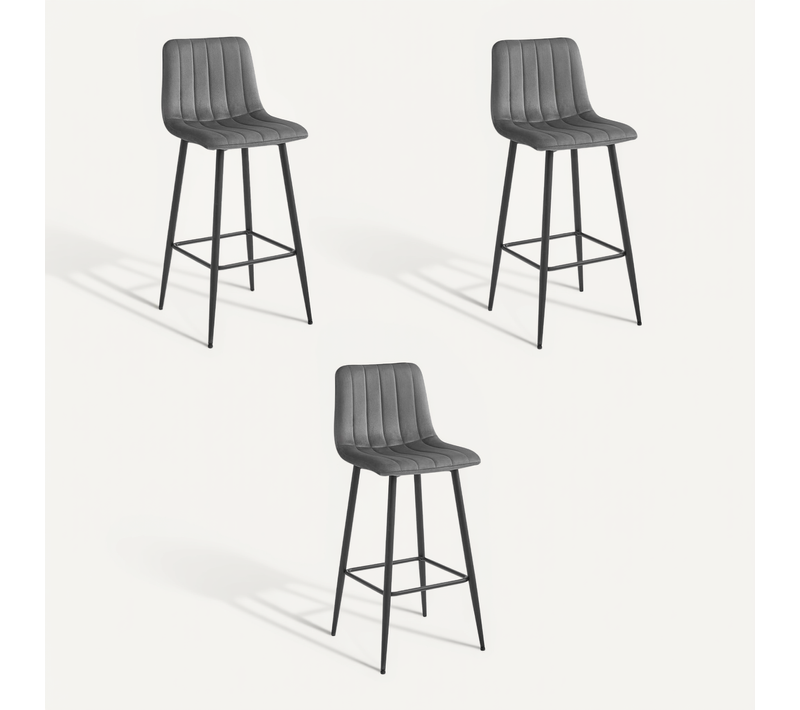 Tabouret De Bar Lot De 3 Pozza Siège Gris Foncé, Base Noire, Siège En Velours, Siège Ergonomique