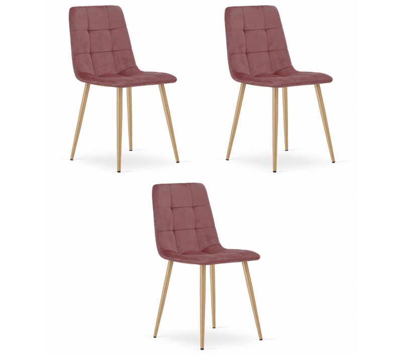 Chaise De Salle à Manger Lot De 3 Pyra Siège Rose, Pieds Couleur Bois, Siège En Velours