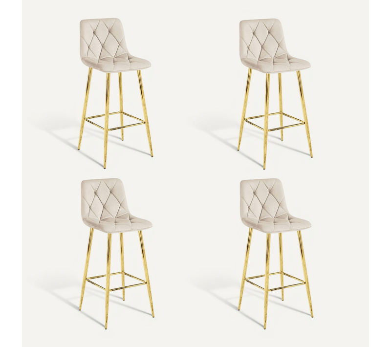 Tabouret De Bar Lot De 4 Koda Siège Beige, Base En Or, Siège En Velours, Siège Ergonomique