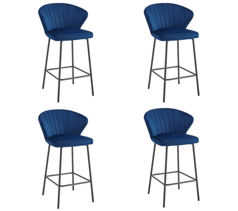 Tabouret De Bar Lot De 4 Gatta Siège Bleu Marine, Base Noire, Assise En Velours, Pieds En Acier
