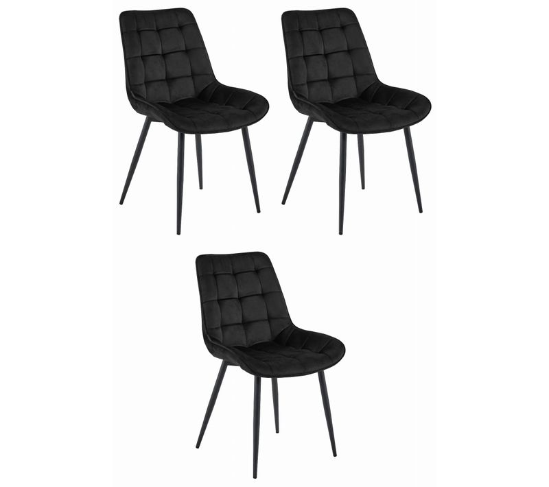 Chaise De Salle à Manger Lot De 3 Bera Siège Noir, Jambes Noires, Siège En Velours Rembourré