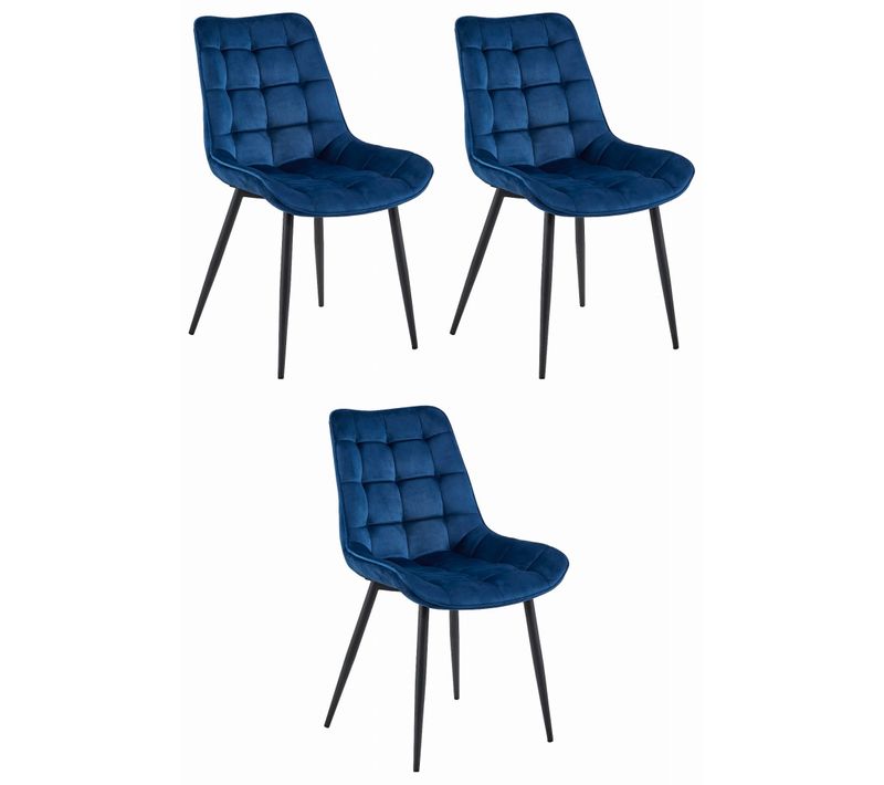 Chaise De Salle à Manger Lot De 3 Bera Siège Bleu Marine, Jambes Noires, Siège En Velours Rembourré