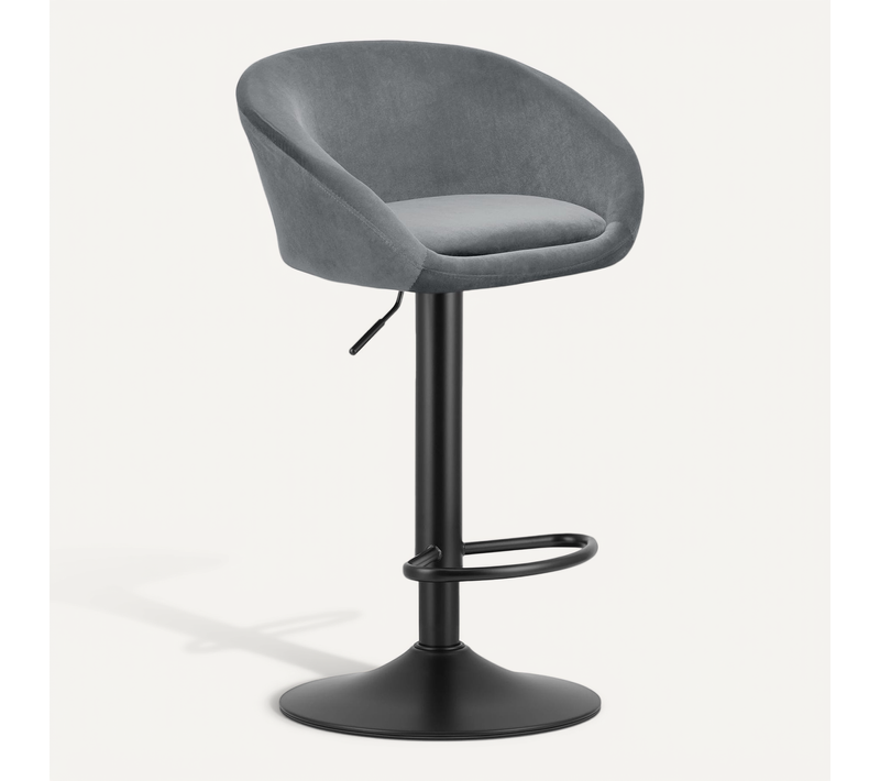 Tabouret De Bar  East Siège Gris, Base Noire, Siège En Velours, Hauteur Réglable
