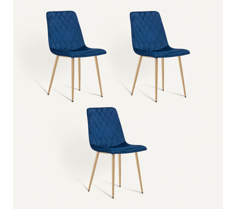 Chaise De Salle à Manger Lot De 3 Turin Siège Bleu Marine, Pieds Couleur Bois, Siège En Velours