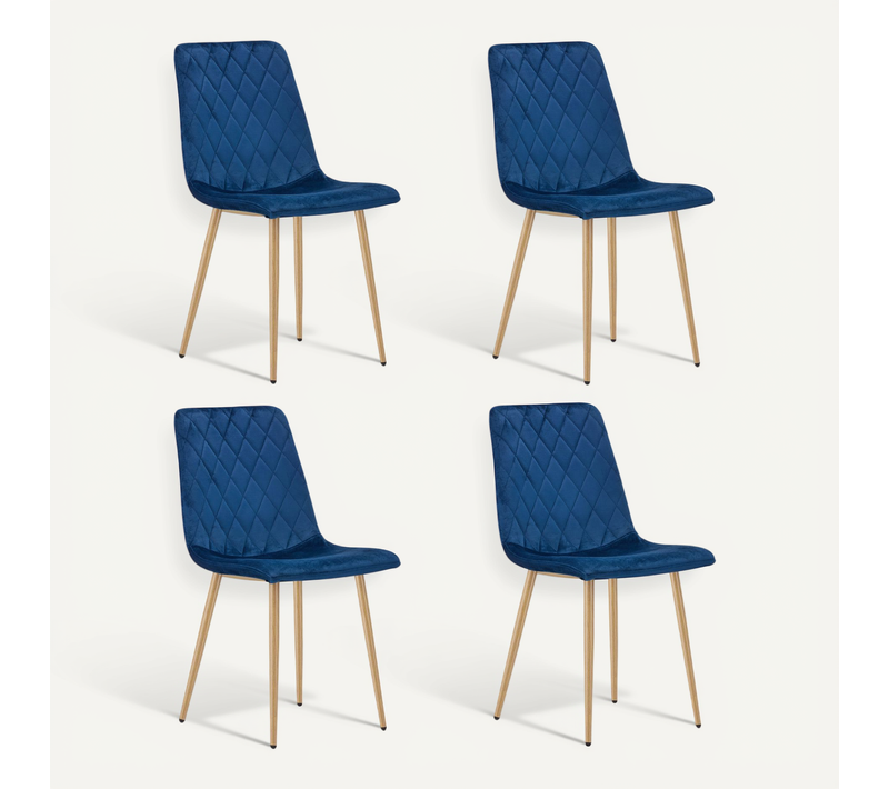 Chaise De Salle à Manger Lot De 4 Turin Siège Bleu Marine, Pieds Couleur Bois, Siège En Velours