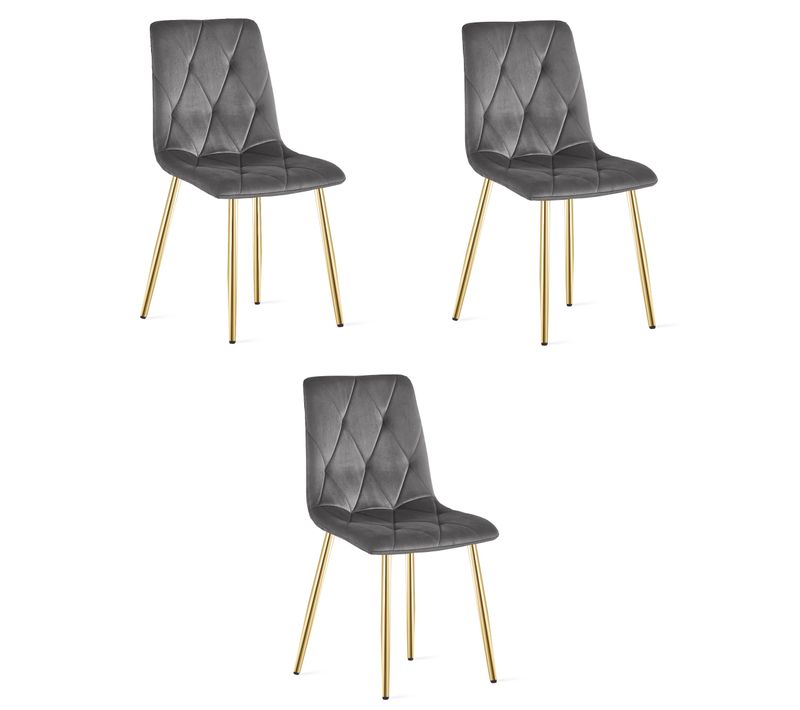 Chaise De Salle à Manger Lot De 3 Tyra Siège Gris Foncé, Jambes Dorées, Siège Rembourré