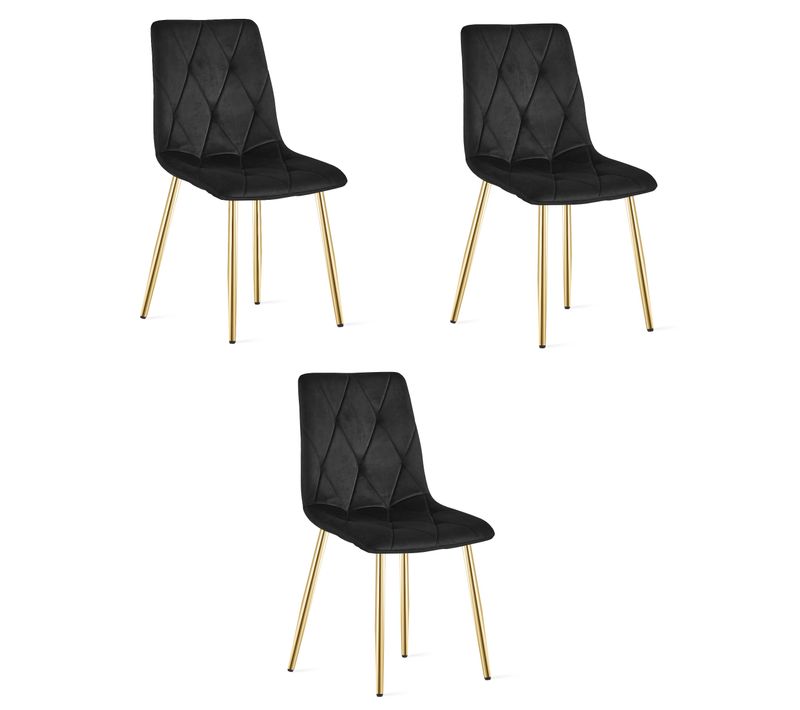 Chaise De Salle à Manger Lot De 3 Tyra Siège Noir, Jambes Dorées, Siège Rembourré