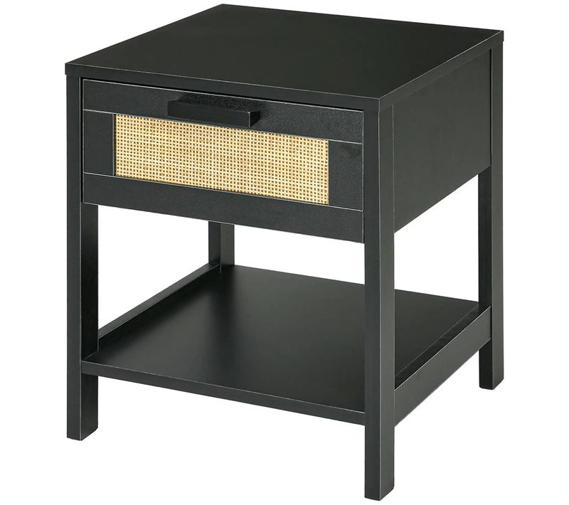 Table De Chevet Table De Nuit Avec Tiroir Et Étagère, Cannage En Rotin, Noir
