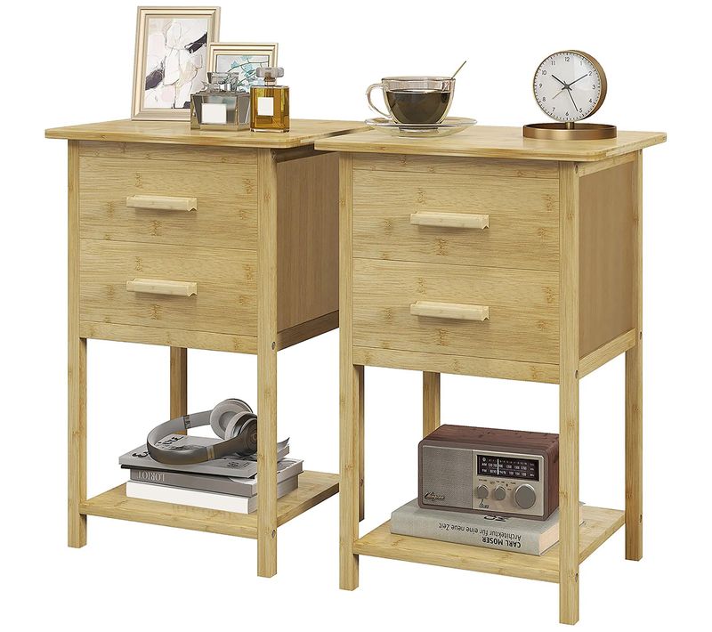 Lot De 2 Tables De Chevet Table De Nuit En Bambou Avec 2 Tiroirs Et 1 Étagère, Naturel