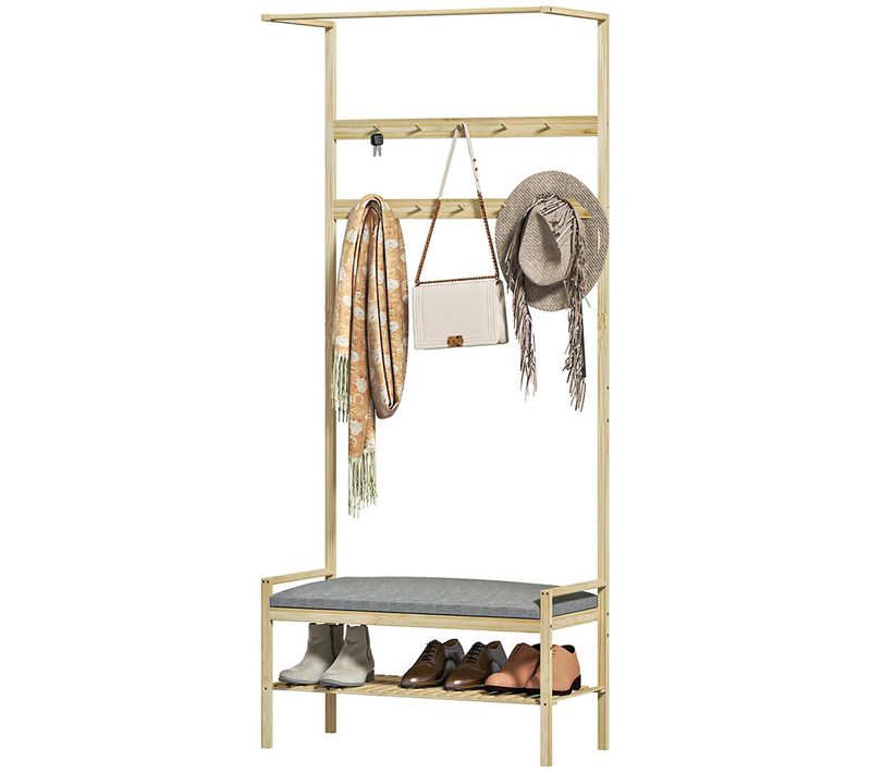 Penderie Avec Banc à Chaussures, Tringle à Vêtements, 10 Crochets à Vêtements, Étagère à Chaussures
