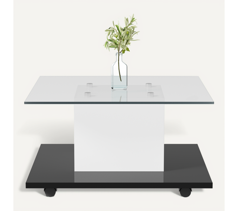 Table Basse Carré, Plateau En Verre Brillant, Table LED Avec Roulettes Pivotantes, Blanc+noir