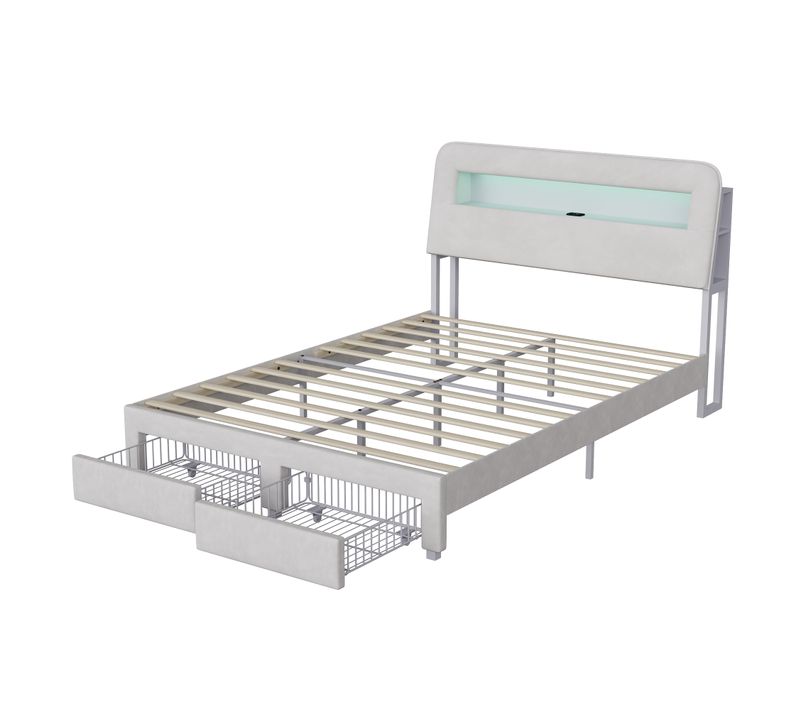Lit Double Rembourré 140x200 Cm Avec Tiroirs Et Tête De Lit,éclairage LED Et Station De Charge,beige