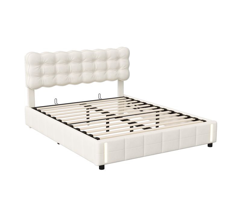 Lit Coffre 140x190cm, Cadre De Lit Rembourré Avec Éclairage LED Et Sommier à Lattes, Velours Beige