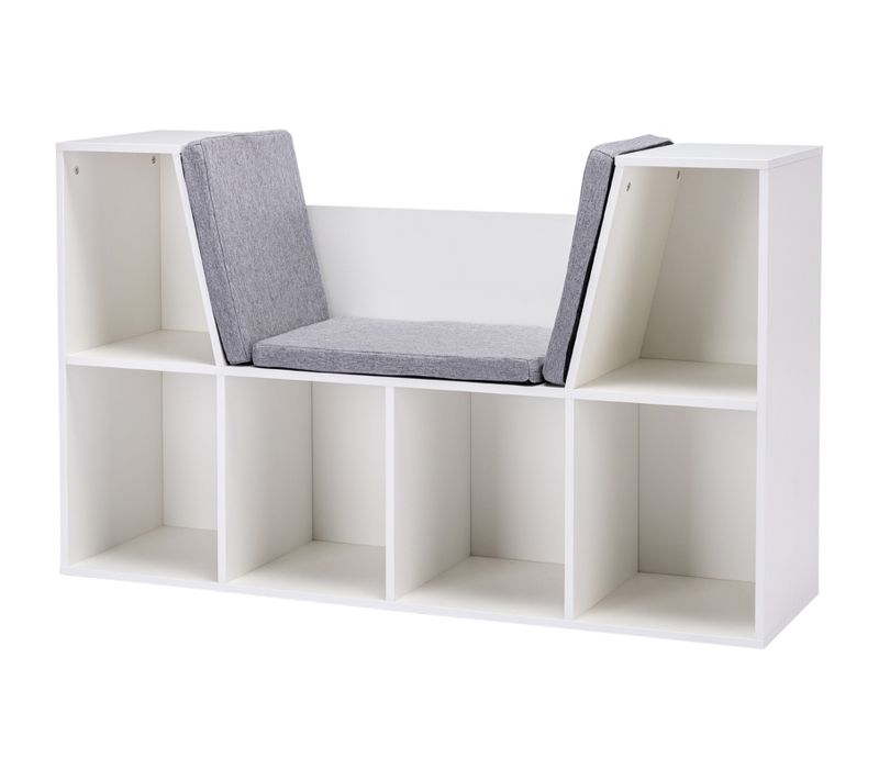 Bibliothèque Enfant Avec Tabouret, 6 Compartiments, 3 Coussins, Blanc + Gris, 103 X 30 X 62 Cm