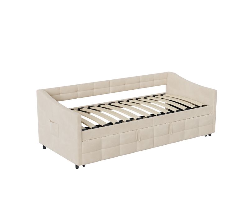 Lit Gigogne 90/180x200 Cm, Sommier à Lattes, Velours, Beige
