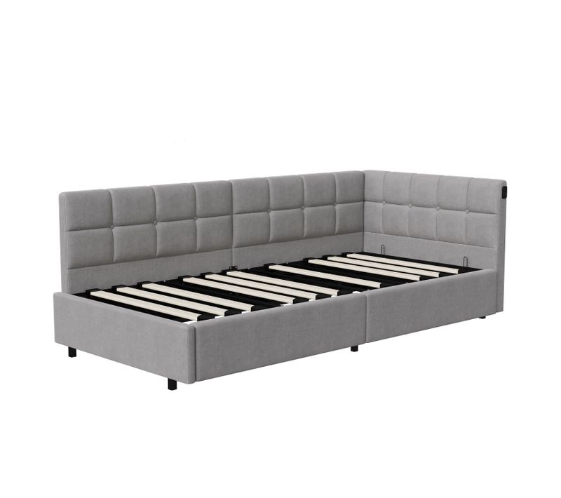 Lit Coffre Enfant 90x200cm Avec Coffre Hydraulique,éclairage LED Et USB,avec Sommier à Lattes,gris